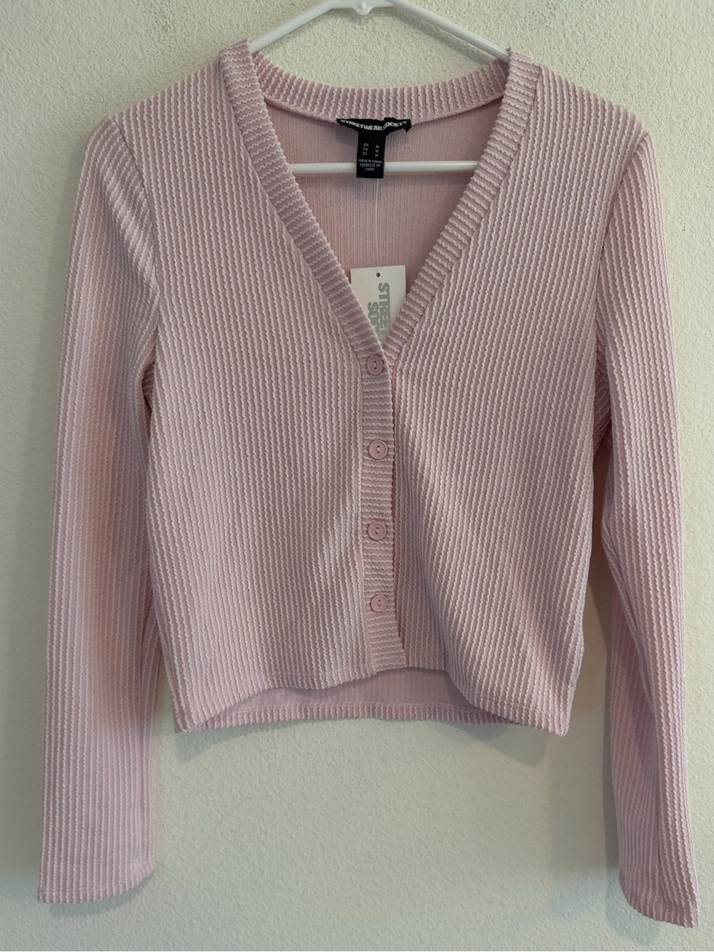 Streetwear Society Ribbed Button-Front Cardigan in Light Pink